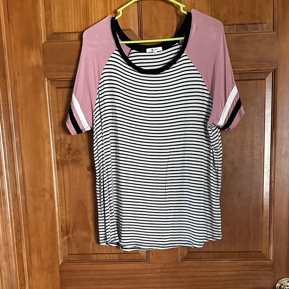 Maurices Black and White Striped Tee with Pink Sleeves